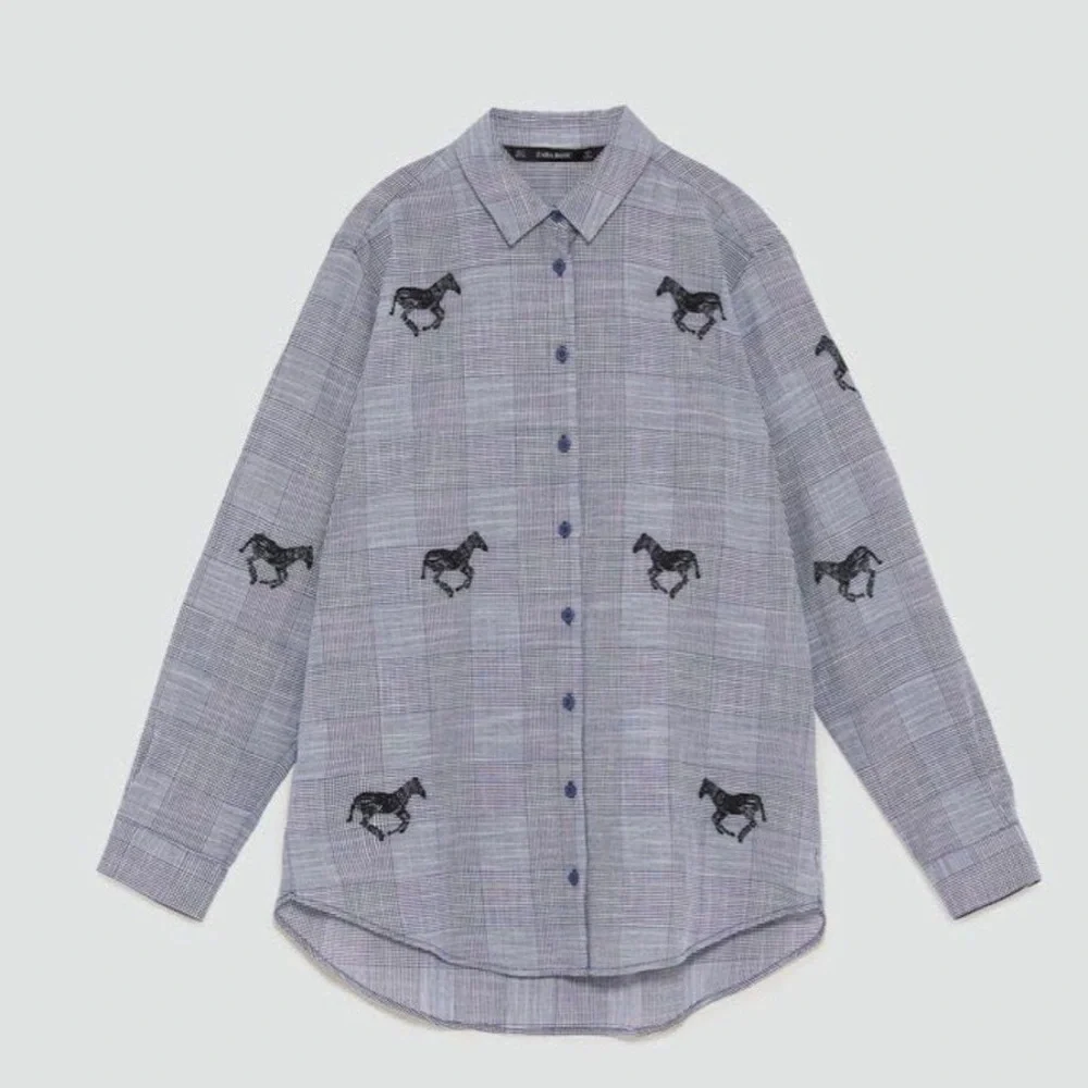Zara Plaid Zebra Embroidered Button down Shirt